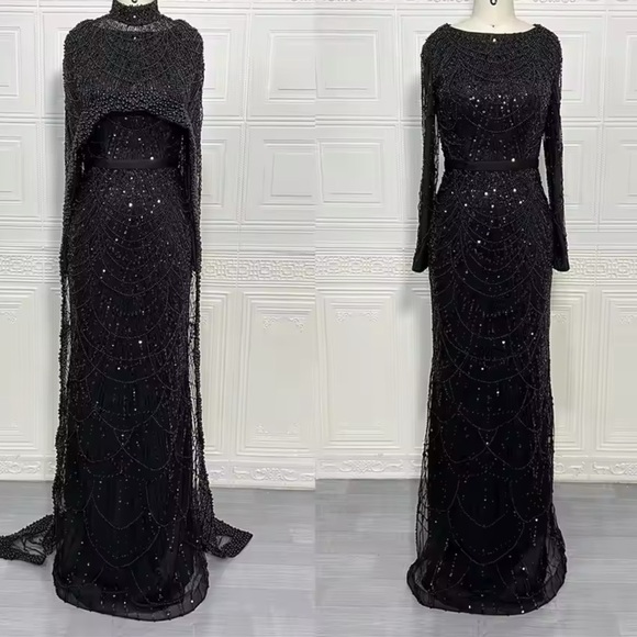 Dubai Arabia  Nude Mermaid  Long  Cape Luxury Evening Dresses Gowns - Picture 9 of 13